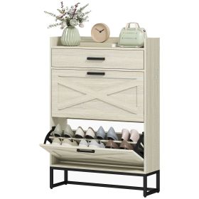 HOMCOM Shoe Organizer Cabinet Slim with 2 Flip Drawers for 12 Pairs Distressed White