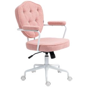 HOMCOM Pink Office Chair, Desk Chair with Button Tufted Teddy Bear Fleece, Swivel Computer Vanity Chair