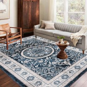 Area Rug 8x10 Vintage Bohemia Large Persian Non-slip Washable Rug For Living Room Kitchen Bedroom Living Room Flower Design Navy Blue