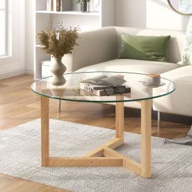 [New Picture] ON-TREND Round Glass Coffee Table Modern Cocktail Table Easy Assembly with Tempered Glass Top & Sturdy Wood Base