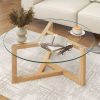 [New Picture] ON-TREND Round Glass Coffee Table Modern Cocktail Table Easy Assembly with Tempered Glass Top & Sturdy Wood Base