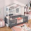 Twin Wood House Bed Montessori Floor Bed with 2 Shelves and Guardrails