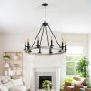Rustic Farmhouse 10-Light Candle Chandelier, Black Metal and Wood Round Hanging Light Fixture for Dining Room, Kitchen, Living Room, Adjustable Height