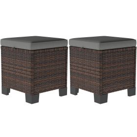 2 Piece Wicker Outdoor Ottomans With Cushions, Rattan Ottoman Footrest And Side Table For Patio, Yard, Poolside, Gray (Option: Gray)