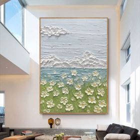 Hand Painted Oil Painting Abstract Art Small White Flower Ocean Landscape Painting Nursery Decor Kids Wall Art Textured Art Palette Knife painting (style: 01, size: 90X120cm)