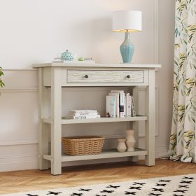 Retro Console Table with Drawer and Two Sturdy Shelves for Entryway,Living Room (Color: Gray Wash, Material: MDF,Rubber Wood)