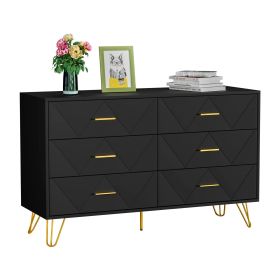 6 Drawer Dresser For Bedroom, Storage Cabinet With Golden Handles, Modern Closet Of Drawers For Living Room (Color: Black)